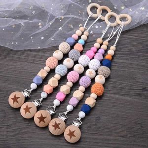 5PCS Pacify Toys Baby Print Round Beech Wood Pacifier Clip Hand Crochet Silicone Beads Pacifier Chain for Baby Dummy Holder Chain Nursing Toys