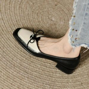 Casual Shoes Woman Boat Square Toe Low Heels Dress Vintage Leather Mixed Color Pumps Ruffles Slip On Ladies 1010C