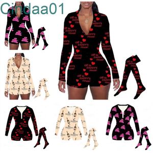 Women Jumpsuit Designer 2022 Slim Sexy V Neck Printed Valentine Day Long Sleeve Shorts And Sock Two Piece Set Ladies Homewear SXX5517418
