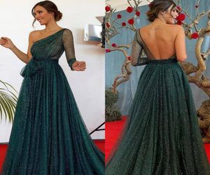 Charming Hunter Green Prom Dresses One Shoulder One Long Sleeve Sequined Tulle Backless Evening Gowns Sweep Train Dubai Arabic For9129113