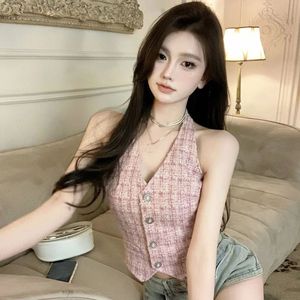 Sommarkvinnor tweed halter rygglös topp sexig vintage liten doft kort tank väst koreansk streetwear mode jacka jacka 240531