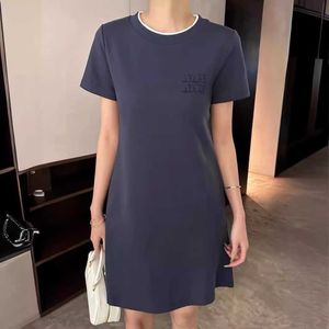Mm Family Ss New Simple and Atmospheric Double Layered Neckline Color Blocking Design Fashionable Versatile Round Neck Short Sleeved Dress for Women