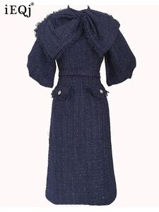 IEQJ BOWNOT TASSEL SPLICED PULD SLEEVE TWEED Dresses for Women Vintage Elegant High midje Slim Dress Clothing 3WQ7259 240529