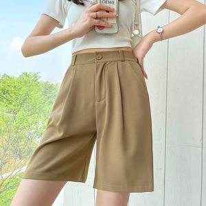 Simplicity Commute Summer Womens Solid Color High Waist Pockets Suit Pants Fashion Versatile Loose Straight Knee Length Shorts 240531