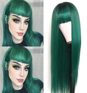 Long Silky Straight Synthetic Replacement Hair Wig Green Ombre Silk Base Wig Full Neat Bangs Heat Resistant None Lace Wigs Fashion9565628