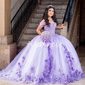 Lilac Charro Quinceanera Dresses 3D Floral Ball Ball Off the Counter Sexican Sweet Sweet 16 Dresses Princess Lace Vestido de XV 15 Anos Five Birthday Party