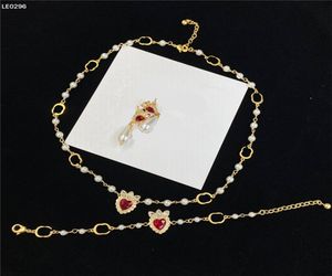 Luxury Love Pearl Diamond Necklace Ruby Rhinestone Earrings Metal Chain Pendant Eardrop Crystal Bracelet Anniversary Gift3054868