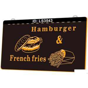 LED NEON SIGN LS3543 Hamburger FRIES FRANCESSAS 3D Gravura por atacado de varejo Drop Drop Lights Holiday Dhwzt