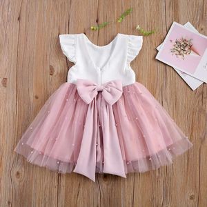 Yaz prenses bebek kız kızlar fırfır kolları katı inci tül parti dantel patchwork bowknot elbise 0-5 yıl l2405 l2405