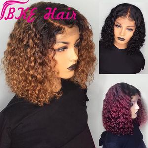 1BBlonde Ombre Short Kinky Curly Simulation Human Hair Wigs Pre Plucked Black Burgundy Red Synthetic Lace Front Bob Wig Heat Res4641485