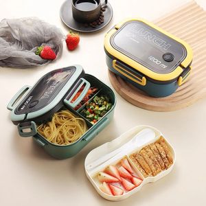2 Layers Portable Student Lunch Box with Fork Spoon Can Be Heated In The Microwave Leakproof Thicker PP Plastic Split Lunch Box 240531