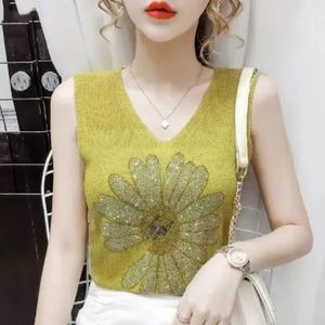 Yaz Kadınlar Kolsuz Kız Daisy Matkap Tankı Top Kore Giyim Moda Örme Parlak İpek İnce Vneck İnce Sıradan Yelek 240531