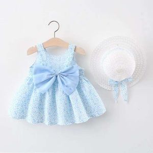 Baby summer bow floral print princess dress+hat 0-3 year old flower sleeveless girl suspender dress L2405 L2405
