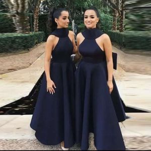 Black High Neck Bridesmaid Dresses With Big Bow Satin Ankle Length Evening Gowns Saudi Arabia Formal Party prom Dress Vestidos 0530