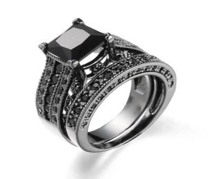 Women Rings Big Black Blue Stone Fashion Wedding Ring Set Engagement Promise Bague Femme Europe Fashion Twoinone Rings80891296854389