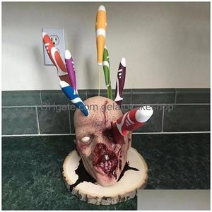 Other Event Party Supplies Horror Zombie Head Shaped Knife And Fork Holder Bloody Kitchen Storage Rack Ornament Art Resin Crafts T Dhpxw