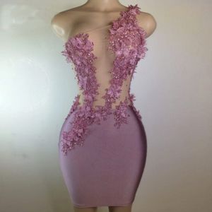 Pink One Shoulder Prom -klänningar 2024 Applique Beading Elegant Women Mini Party Dress Black Girls Custom Made Cocktail klänningar