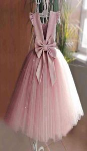 2021 Nya Peach Pink Flower Girls Dresses For Wedding Beading Backless Girl Birthday Party Evening Dress Tulle Princess Ball klänning G3628768