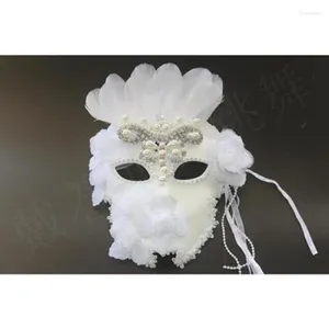 Party Supplies Rhinestone Pearls Princess Venetian Women Masquerade Masker White Lace Flowers Elegant Festival Christmas Easter hela ansiktet