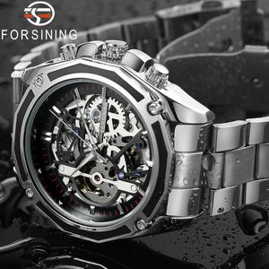 Forsining Men Watch Stainless Steel Military Sport Wristwatch Skeleton Automatic Mechanical Male Clock Relogio Masculino 0609 Y19052103 2658