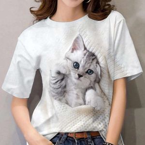 女性のトップデザイナーサマーニュー2024レディース半袖Tシャツかわいい猫3Dプリントレディースウェアストレートヘアイジュ