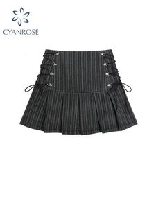 Y2k saia plissada mulher sexy cintura alta listra cinza bandagem mini saias verão uma linha vintage harajuku streetwar 240520