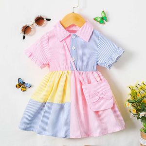 Girls Dress With Lapel Flared Sleeves Button Closure Waist Puffy Skirt Butterfly Bag Loose Travel New Style L2405 L2405