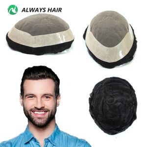 Protesi di capelli maschi mono sottili durevoli 6 Capelli umani indiani Toupee 130% Denstiy Natural Wig for Men 240520