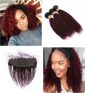 Ombre colorido kinky cachere 3bundles com ouvido a orelha fechamento frontal 1b 99j Afro Curly Hair Extensions com renda frontal 13x4492710