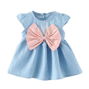 Mädchen große Bogen Kinder runde Nacken ärmellose Denim Kleid 2-6 Jahre alte Baby Mädchen Prinzessin Kleider L2405