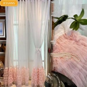 Curtain Customized Princess Style Pink Lace Poncho Window Gauze White Curtains For Living Room Bedroom French Balcony