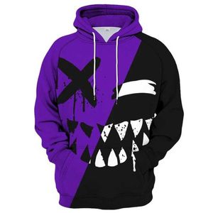 Herrtröjor tröjor herr mode casual rolig pullover hip hop hoodie xoxo mönster design djävul leende ansikte 3d tryck hoodie lila svart röd q240530