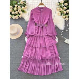 Light mature style socialite temperament long sleeved stand up collar waist up slimming A-line cake dress elegant large swing long skirt