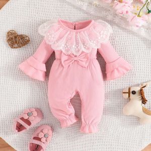 Baby flicka nyfödda onesies romper 0-18 månader småbarn kläder spädbarn långärmad söt spets krage knapp jumpsuit l2405
