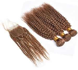 Brasiliansk 27 honung blond människohårbuntar 3 buntar kinky lockigt hårväv med 4x4 spetsstängning mänskliga hårförlängningar5826328