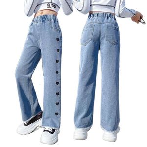 Breda ben jeans för tonårsflickor botten baggy denim byxor mitt midja full längd hjärtbyxor barn kläder 13 14 15 16y l2405