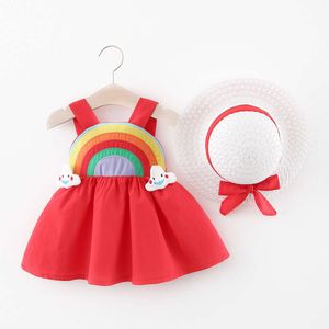 New Girls' Strap Back Elastic Waist Children's Rainbow Cloud Solid Princess Dress Baby and Child Cute Summer Dr L2405
