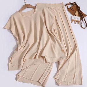 Women's Two Piece Pants ITOOLIN Summer Women Loose Raglan Sleeve Tank Top Pleated Wide Leg Split Casual Thin Elastic Band Two-piece Set