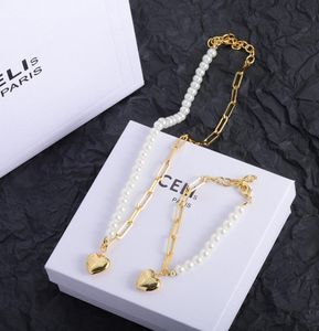 Famous Designer Love Heart Pendant Necklace Brand Jewelry Women INS Style Personality Pearl Chain Bracelet Jewelry Sets Selected Lovers Gift