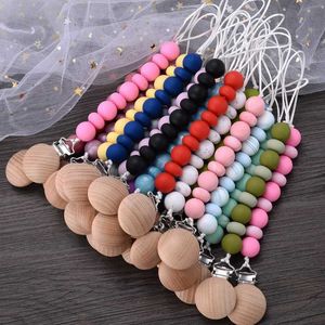 5PCS Pacify Toys Baby Round Beech Wood Pacifier Clip Colorful Silicone Beads Pacifier Chain For Baby Soothe Dummy Holder Chain Care Teething Toys
