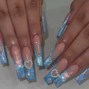 False Nails 24pc French artificial nails with designs y2k bear love 3D charms press on nails XLong ballet coffin false nails with rhinestone z240531