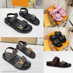 Slippare Designer Sunset Comfort Flat Sandals Paseo Sandal Flat Mule Dia Dia Slides Gold Buckle Denim Pool Women Beach QSPR