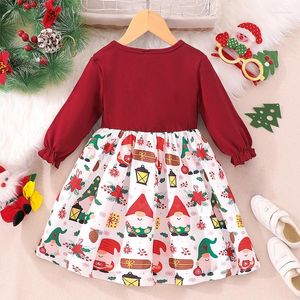 Girl Dresses Girls Christmas Dress Vintage Santa Claus Print Round Neck Long Sleeve Mini Elegant Bow Decor Party