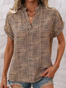 Lato luźne krótkie rękawie Pullover Vneck Fashion Casual Ladies Plaid Tshirt Tops Printed Womens Plus Size Odzież 240531