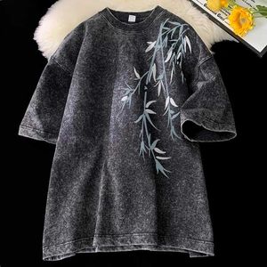 Men's T-Shirts Bamboo leaf pattern short sleeved heavy-duty fabric acid washed mens T-shirt womens street clothing loose top summer T-shirt J240531