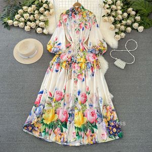 Super Immortal Gentle Style Celebrity Lantern Sleeves Stand up Neck Waist Slimming Single breasted A-line Positioning Printed Dress