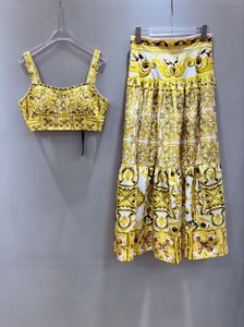 Golden blue and white porcelain printed holiday style sexy suspender top vest yellow porcelain high waisted skirt set of two pieces