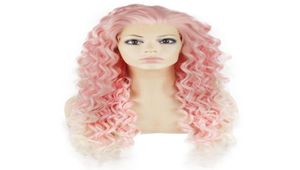 26quot extra lång rosa tipwhite Curly peruk värmevänligt syntetiskt hår spets frontparty wig3966122