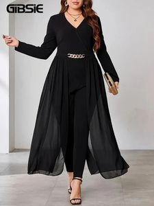 Gibsie plus size svart elegant v-hals långärmad jumpsuits kvinnor vår modefest hög midja smala kontor damer jumpsuit 240530