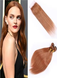 Pure 30 Auburn hårbuntar och stängning Straight Medium Auburn Peruvian Virgin Human Hair Weaves 3bunds med spetsstängning 4x4qu5037335